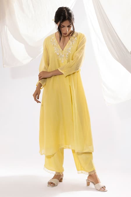 Pants And Pajamas Yellow Chanderi, Cotton, Silk Embroidery V-neck Kurta And Pant Set at Aza Fashions Pants And Pajamas_Yellow Chanderi, Cotton, Silk Embroidery V-neck Kurta And Pant Set _at_Aza_Fashions