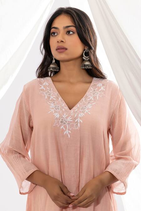Buy Pants And Pajamas Pink Chanderi, Cotton, Silk Embroidery V-neck Floral Kurta And Pant Set Online at Aza Fashions Buy_Pants And Pajamas_Pink Chanderi, Cotton, Silk Embroidery V-neck Floral Kurta And Pant Set _Online_at_Aza_Fashions