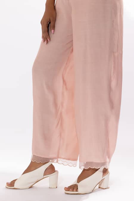 Shop Pants And Pajamas Pink Chanderi, Cotton, Silk Embroidery V-neck Floral Kurta And Pant Set Online at Aza Fashions Shop_Pants And Pajamas_Pink Chanderi, Cotton, Silk Embroidery V-neck Floral Kurta And Pant Set _Online_at_Aza_Fashions