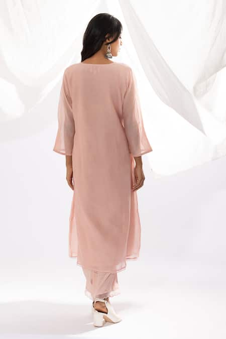 Shop Pants And Pajamas Pink Chanderi, Cotton, Silk Embroidery V-neck Floral Kurta And Pant Set at Aza Fashions Shop_Pants And Pajamas_Pink Chanderi, Cotton, Silk Embroidery V-neck Floral Kurta And Pant Set _at_Aza_Fashions