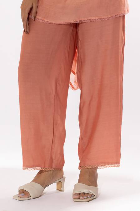 Pants And Pajamas Peach Chanderi, Cotton Embroidery V-neck Thread Kurta And Pant Set at Aza Fashions Pants And Pajamas_Peach Chanderi, Cotton Embroidery V-neck Thread Kurta And Pant Set _at_Aza_Fashions