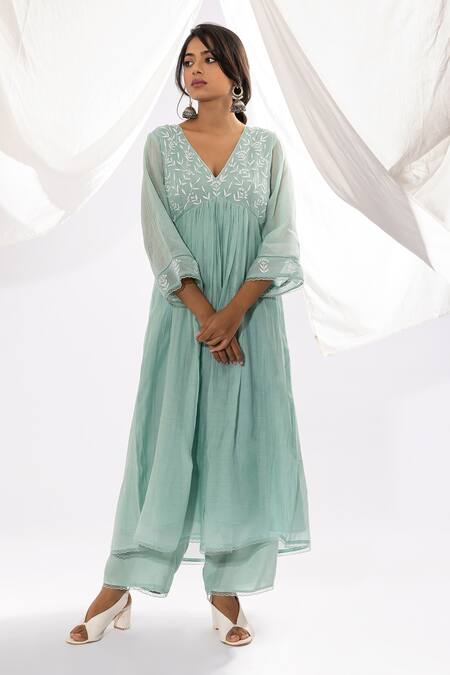 Pants And Pajamas Blue Chanderi, Cotton, Silk Embroidery V-neck Chikankari Kurta And Pant Set Online at Aza Fashions Pants And Pajamas_Blue Chanderi, Cotton, Silk Embroidery V-neck Chikankari Kurta And Pant Set _Online_at_Aza_Fashions