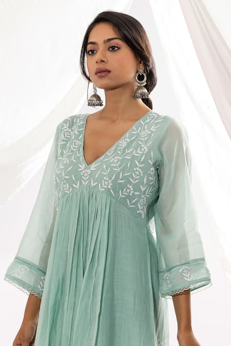 Buy Pants And Pajamas Blue Chanderi, Cotton, Silk Embroidery V-neck Chikankari Kurta And Pant Set Online at Aza Fashions Buy_Pants And Pajamas_Blue Chanderi, Cotton, Silk Embroidery V-neck Chikankari Kurta And Pant Set _Online_at_Aza_Fashions