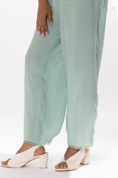 Shop Pants And Pajamas Blue Chanderi, Cotton, Silk Embroidery V-neck Chikankari Kurta And Pant Set Online at Aza Fashions Shop_Pants And Pajamas_Blue Chanderi, Cotton, Silk Embroidery V-neck Chikankari Kurta And Pant Set _Online_at_Aza_Fashions