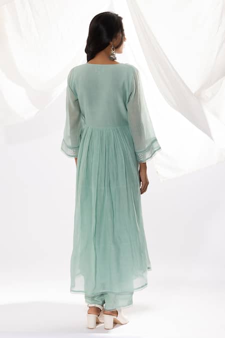 Shop Pants And Pajamas Blue Chanderi, Cotton, Silk Embroidery V-neck Chikankari Kurta And Pant Set at Aza Fashions Shop_Pants And Pajamas_Blue Chanderi, Cotton, Silk Embroidery V-neck Chikankari Kurta And Pant Set _at_Aza_Fashions