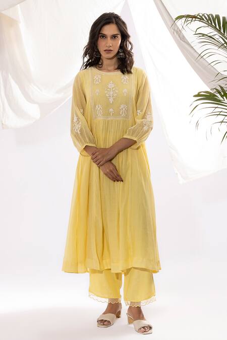 Pants And Pajamas Yellow Chanderi, Organza, Cotton, Embroidery Printed And Hand Kurta Set Online at Aza Fashions Pants And Pajamas_Yellow Chanderi, Organza, Cotton, Embroidery Printed And Hand Kurta Set _Online_at_Aza_Fashions
