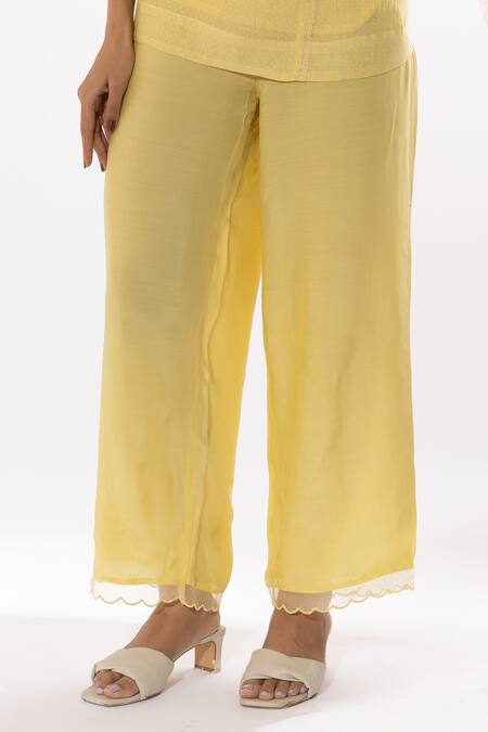 Pants And Pajamas Yellow Chanderi, Organza, Cotton, Embroidery Printed And Hand Kurta Set at Aza Fashions Pants And Pajamas_Yellow Chanderi, Organza, Cotton, Embroidery Printed And Hand Kurta Set _at_Aza_Fashions