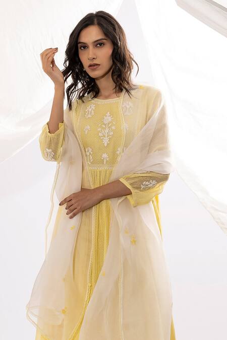 Buy Pants And Pajamas Yellow Chanderi, Organza, Cotton, Embroidery Printed And Hand Kurta Set Buy_Pants And Pajamas_Yellow Chanderi, Organza, Cotton, Embroidery Printed And Hand Kurta Set