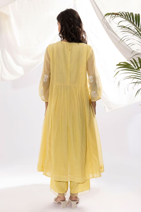 Shop Pants And Pajamas Yellow Chanderi, Organza, Cotton, Embroidery Printed And Hand Kurta Set at Aza Fashions Shop_Pants And Pajamas_Yellow Chanderi, Organza, Cotton, Embroidery Printed And Hand Kurta Set _at_Aza_Fashions