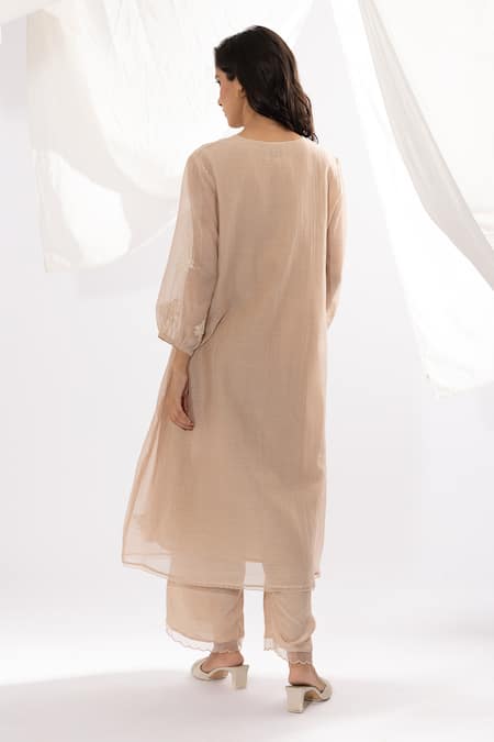 Shop Pants And Pajamas Ivory Chanderi, Cotton, , Organza Embroidery Floral And Thread Kurta Set at Aza Fashions Shop_Pants And Pajamas_Ivory Chanderi, Cotton, , Organza Embroidery Floral And Thread Kurta Set _at_Aza_Fashions