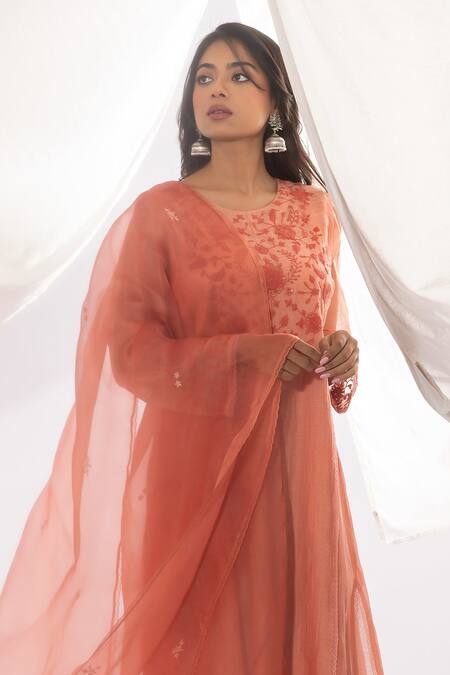 Pants And Pajamas Peach Chanderi, Cotton, , Organza Polka Dot Print And Hand Kurta Set Online at Aza Fashions Pants And Pajamas_Peach Chanderi, Cotton, , Organza Polka Dot Print And Hand Kurta Set _Online_at_Aza_Fashions