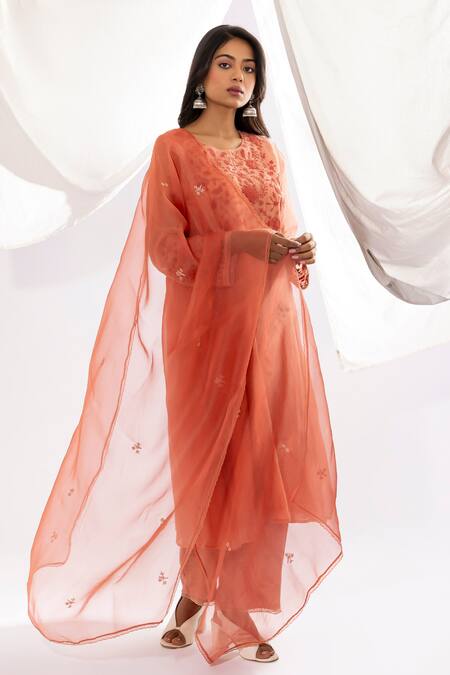 Buy Pants And Pajamas Peach Chanderi, Cotton, , Organza Polka Dot Print And Hand Kurta Set Online at Aza Fashions Buy_Pants And Pajamas_Peach Chanderi, Cotton, , Organza Polka Dot Print And Hand Kurta Set _Online_at_Aza_Fashions