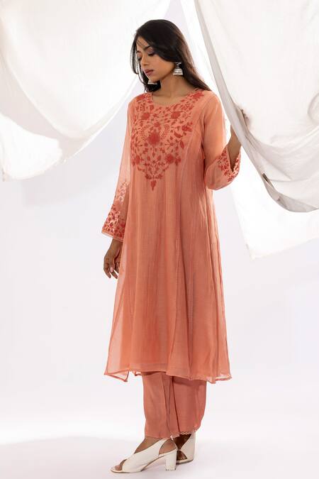 Shop Pants And Pajamas Peach Chanderi, Cotton, , Organza Polka Dot Print And Hand Kurta Set Online at Aza Fashions Shop_Pants And Pajamas_Peach Chanderi, Cotton, , Organza Polka Dot Print And Hand Kurta Set _Online_at_Aza_Fashions