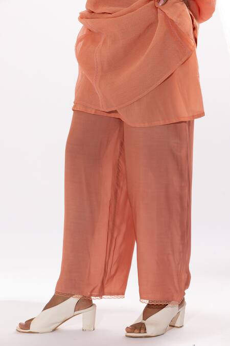 Buy Pants And Pajamas Peach Chanderi, Cotton, , Organza Polka Dot Print And Hand Kurta Set Buy_Pants And Pajamas_Peach Chanderi, Cotton, , Organza Polka Dot Print And Hand Kurta Set