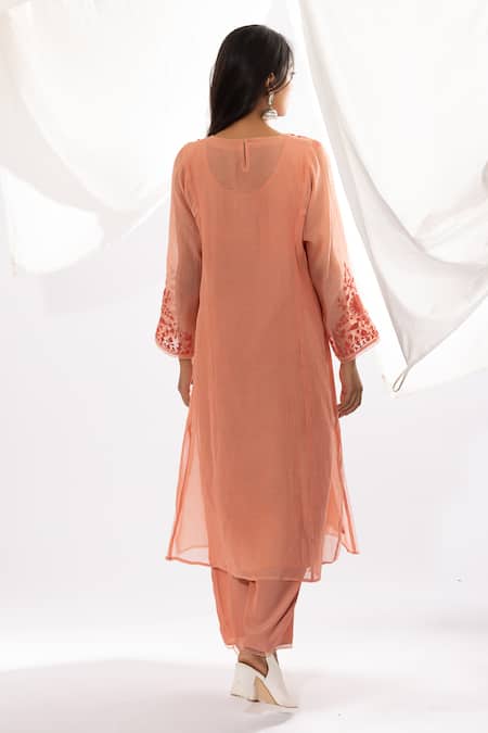 Shop Pants And Pajamas Peach Chanderi, Cotton, , Organza Polka Dot Print And Hand Kurta Set at Aza Fashions Shop_Pants And Pajamas_Peach Chanderi, Cotton, , Organza Polka Dot Print And Hand Kurta Set _at_Aza_Fashions