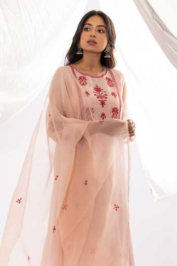 Pants And Pajamas_Pink Chanderi, Cotton, Organza, Printed And Floral Hand Kurta Set _Online_at_Aza_Fashions