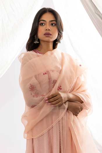 Buy_Pants And Pajamas_Pink Chanderi, Cotton, Organza, Printed And Floral Hand Kurta Set _Online_at_Aza_Fashions
