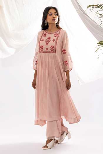 Shop_Pants And Pajamas_Pink Chanderi, Cotton, Organza, Printed And Floral Hand Kurta Set _Online_at_Aza_Fashions