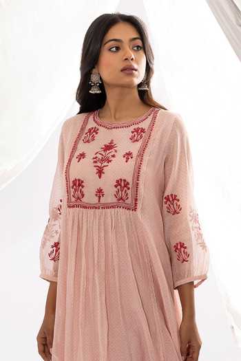 Pants And Pajamas_Pink Chanderi, Cotton, Organza, Printed And Floral Hand Kurta Set _at_Aza_Fashions