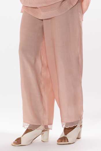 Buy_Pants And Pajamas_Pink Chanderi, Cotton, Organza, Printed And Floral Hand Kurta Set 