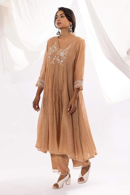 Pants And Pajamas Beige Chanderi, Cotton, , Organza Embroidery Chikankari Hand Kurta Set Online at Aza Fashions Pants And Pajamas_Beige Chanderi, Cotton, , Organza Embroidery Chikankari Hand Kurta Set _Online_at_Aza_Fashions