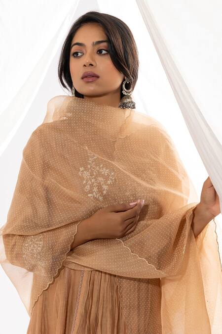 Pants And Pajamas Beige Chanderi, Cotton, , Organza Embroidery Chikankari Hand Kurta Set at Aza Fashions Pants And Pajamas_Beige Chanderi, Cotton, , Organza Embroidery Chikankari Hand Kurta Set _at_Aza_Fashions