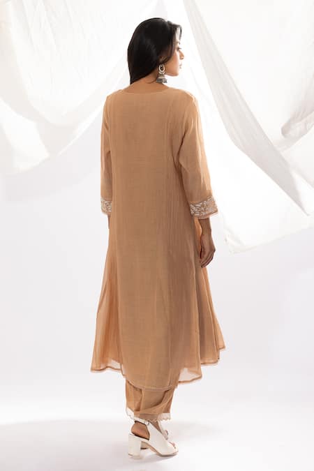 Shop Pants And Pajamas Beige Chanderi, Cotton, , Organza Embroidery Chikankari Hand Kurta Set at Aza Fashions Shop_Pants And Pajamas_Beige Chanderi, Cotton, , Organza Embroidery Chikankari Hand Kurta Set _at_Aza_Fashions