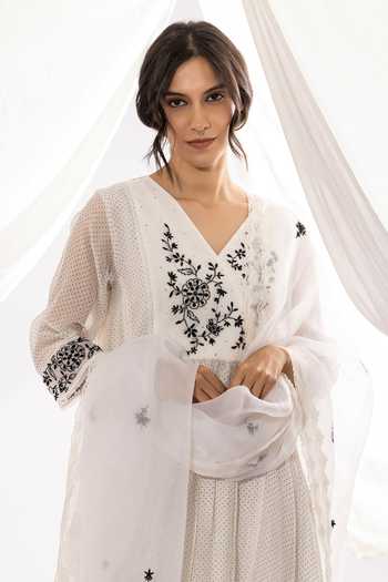 Pants And Pajamas_White Chanderi, Cotton, , Organza Polka Dot Print Kurta Pant Set _Online_at_Aza_Fashions