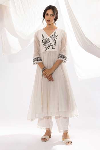 Buy_Pants And Pajamas_White Chanderi, Cotton, , Organza Polka Dot Print Kurta Pant Set _Online_at_Aza_Fashions
