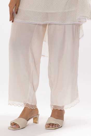 Pants And Pajamas_White Chanderi, Cotton, , Organza Polka Dot Print Kurta Pant Set _at_Aza_Fashions