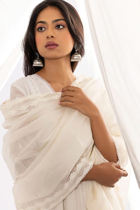 Buy_Pants And Pajamas_White Chanderi, Cotton, , Organza Floral And Thread Kurta Pant Set 