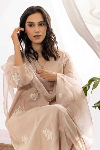 Buy_Pants And Pajamas_Beige Chanderi Embroidery V-neck Floral Kurta _Online_at_Aza_Fashions