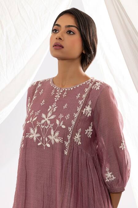 Buy Pants And Pajamas Purple Chanderi Embroidery Round Neck Printed And Floral Kurta Online at Aza Fashions Buy_Pants And Pajamas_Purple Chanderi Embroidery Round Neck Printed And Floral Kurta _Online_at_Aza_Fashions