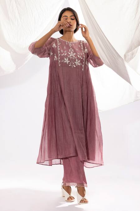 Shop Pants And Pajamas Purple Chanderi Embroidery Round Neck Printed And Floral Kurta Online at Aza Fashions Shop_Pants And Pajamas_Purple Chanderi Embroidery Round Neck Printed And Floral Kurta _Online_at_Aza_Fashions