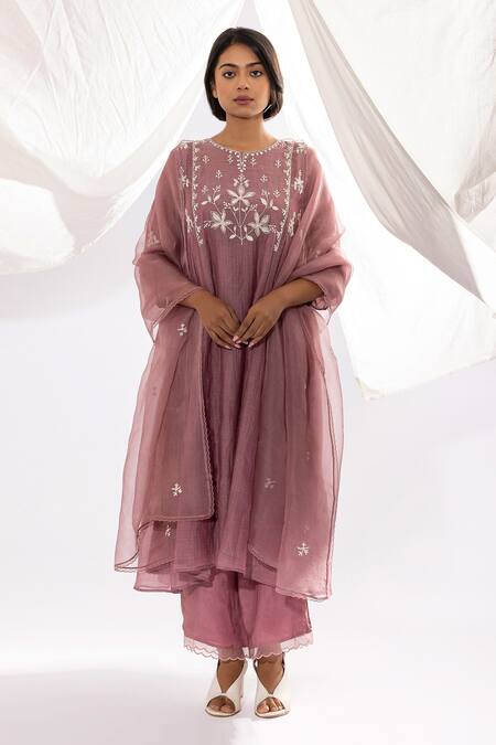 Pants And Pajamas Purple Chanderi Embroidery Round Neck Printed And Floral Kurta at Aza Fashions Pants And Pajamas_Purple Chanderi Embroidery Round Neck Printed And Floral Kurta _at_Aza_Fashions