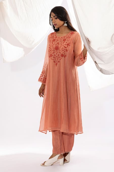 Pants and Pajamas Polka Pattern & Floral Embroidered Kurta 