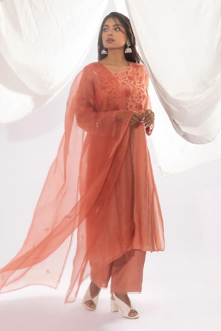 Pants And Pajamas Peach Chanderi Embroidery Round Neck Polka Pattern And Floral Kurta Online at Aza Fashions Pants And Pajamas_Peach Chanderi Embroidery Round Neck Polka Pattern And Floral Kurta _Online_at_Aza_Fashions