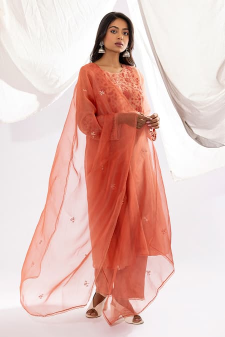 Buy Pants And Pajamas Peach Chanderi Embroidery Round Neck Polka Pattern And Floral Kurta Online at Aza Fashions Buy_Pants And Pajamas_Peach Chanderi Embroidery Round Neck Polka Pattern And Floral Kurta _Online_at_Aza_Fashions