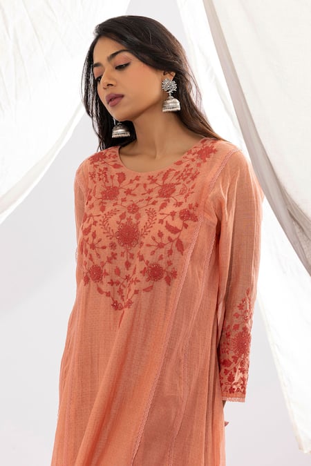 Shop Pants And Pajamas Peach Chanderi Embroidery Round Neck Polka Pattern And Floral Kurta Online at Aza Fashions Shop_Pants And Pajamas_Peach Chanderi Embroidery Round Neck Polka Pattern And Floral Kurta _Online_at_Aza_Fashions