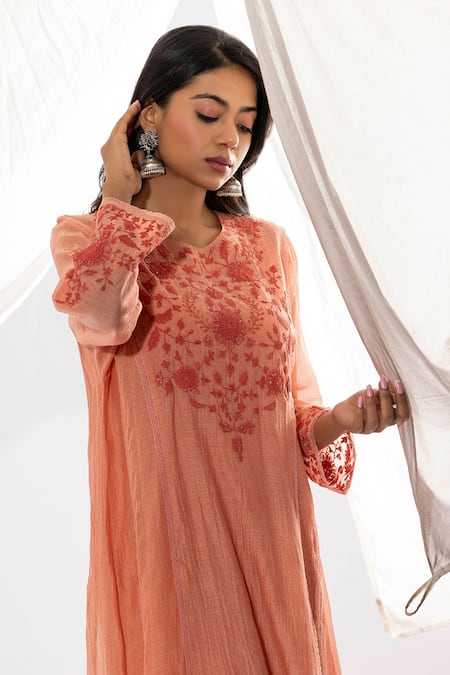 Pants And Pajamas Peach Chanderi Embroidery Round Neck Polka Pattern And Floral Kurta at Aza Fashions Pants And Pajamas_Peach Chanderi Embroidery Round Neck Polka Pattern And Floral Kurta _at_Aza_Fashions