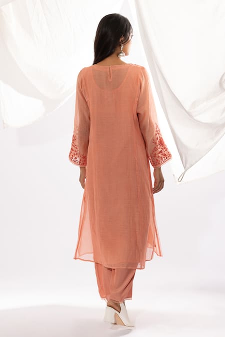 Pants And Pajamas Polka Pattern & Floral Embroidered Kurta 