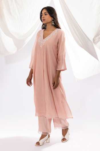 Pants And Pajamas Pink Organza, Cotton, Chanderi Lace, Embroidery Flower Neckline Kurta Set Online at Aza Fashions Pants And Pajamas_Pink Organza, Cotton, Chanderi Lace, Embroidery Flower Neckline Kurta Set _Online_at_Aza_Fashions