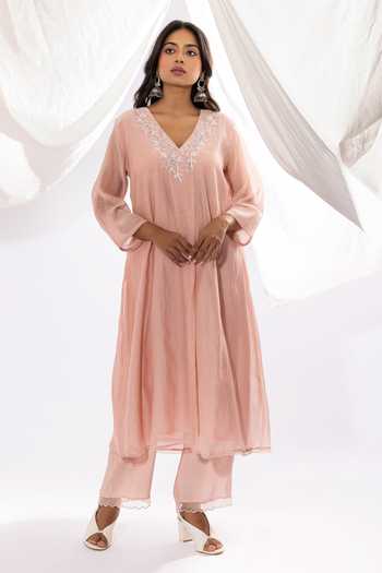 Buy Pants And Pajamas Pink Organza, Cotton, Chanderi Lace, Embroidery Flower Neckline Kurta Set Online at Aza Fashions Buy_Pants And Pajamas_Pink Organza, Cotton, Chanderi Lace, Embroidery Flower Neckline Kurta Set _Online_at_Aza_Fashions