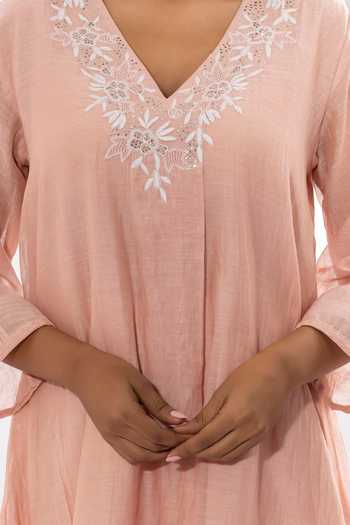Shop Pants And Pajamas Pink Organza, Cotton, Chanderi Lace, Embroidery Flower Neckline Kurta Set Online at Aza Fashions Shop_Pants And Pajamas_Pink Organza, Cotton, Chanderi Lace, Embroidery Flower Neckline Kurta Set _Online_at_Aza_Fashions