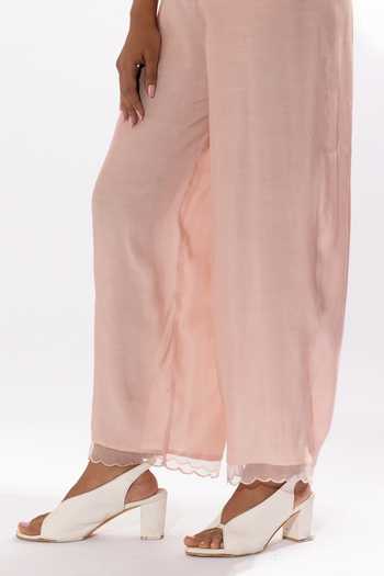 Pants And Pajamas Pink Organza, Cotton, Chanderi Lace, Embroidery Flower Neckline Kurta Set at Aza Fashions Pants And Pajamas_Pink Organza, Cotton, Chanderi Lace, Embroidery Flower Neckline Kurta Set _at_Aza_Fashions