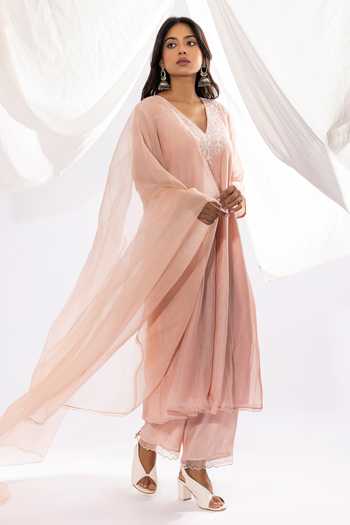Buy Pants And Pajamas Pink Organza, Cotton, Chanderi Lace, Embroidery Flower Neckline Kurta Set Buy_Pants And Pajamas_Pink Organza, Cotton, Chanderi Lace, Embroidery Flower Neckline Kurta Set