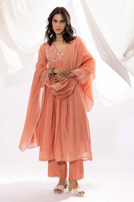 Pants And Pajamas Peach Cotton, , , Embroidery, Chikankari Anarkali Set Online at Aza Fashions Pants And Pajamas_Peach Cotton, , , Embroidery, Chikankari Anarkali Set _Online_at_Aza_Fashions
