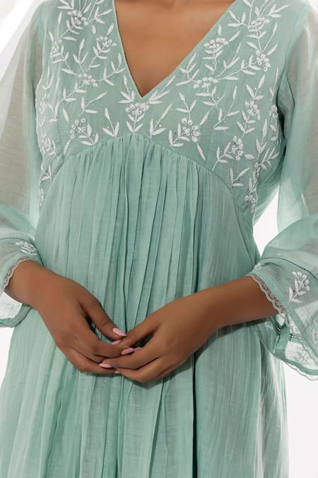 Buy_Pants And Pajamas_Blue Cotton, Silk, Chanderi Embroidery, Lace Floral Neckline Anarkali Set _Online_at_Aza_Fashions