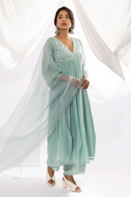 Pants And Pajamas_Blue Cotton, Silk, Chanderi Embroidery, Lace Floral Neckline Anarkali Set _at_Aza_Fashions