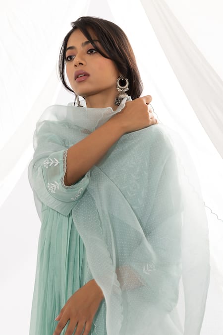 Buy_Pants And Pajamas_Blue Cotton, Silk, Chanderi Embroidery, Lace Floral Neckline Anarkali Set 